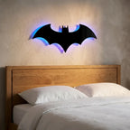 Wooden bat wall sconce — above oak headboard with linen bedding