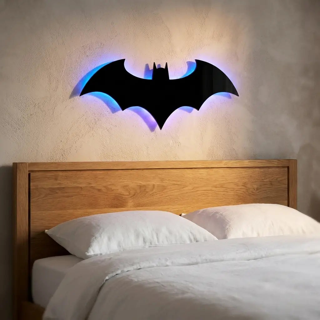 Wooden bat wall sconce — above oak headboard with linen bedding