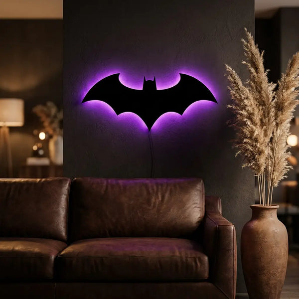 Wooden bat wall sconce — above leather sofa as living-room accent