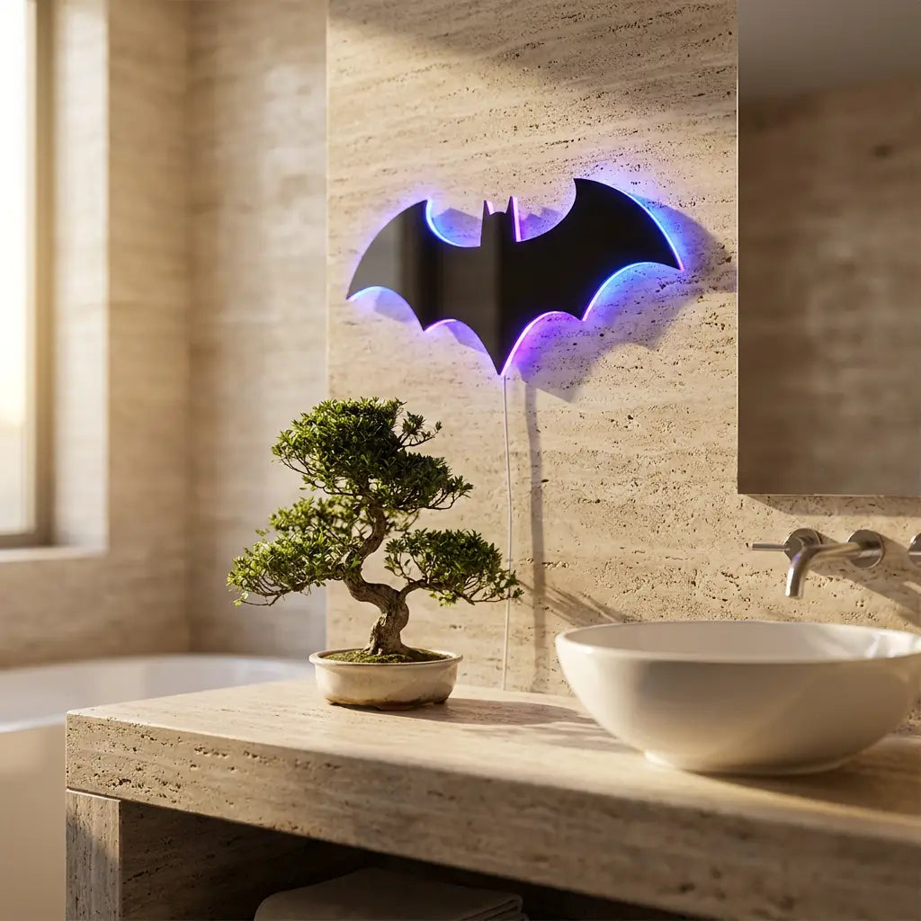 Wooden bat wall sconce — above travertine bathroom vanity