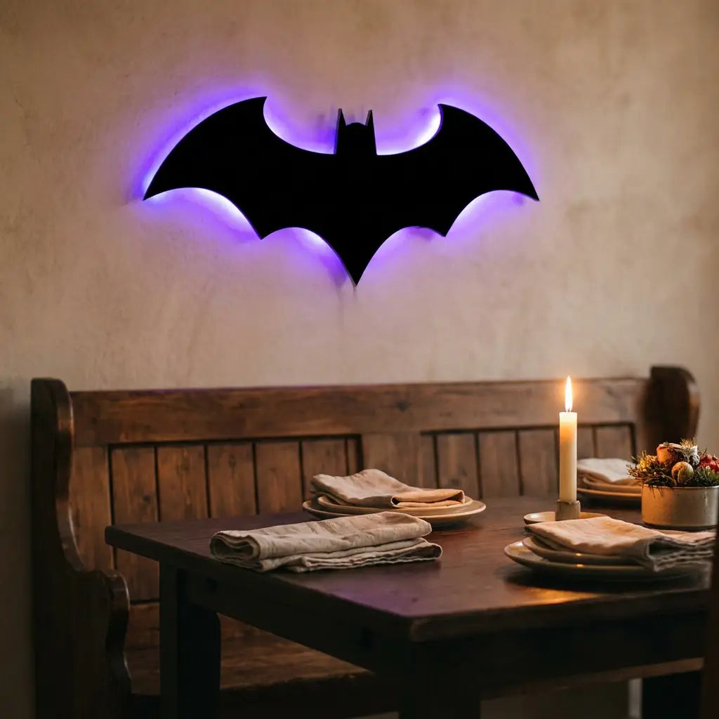 Wooden bat wall sconce — above dining bench in warm ambience