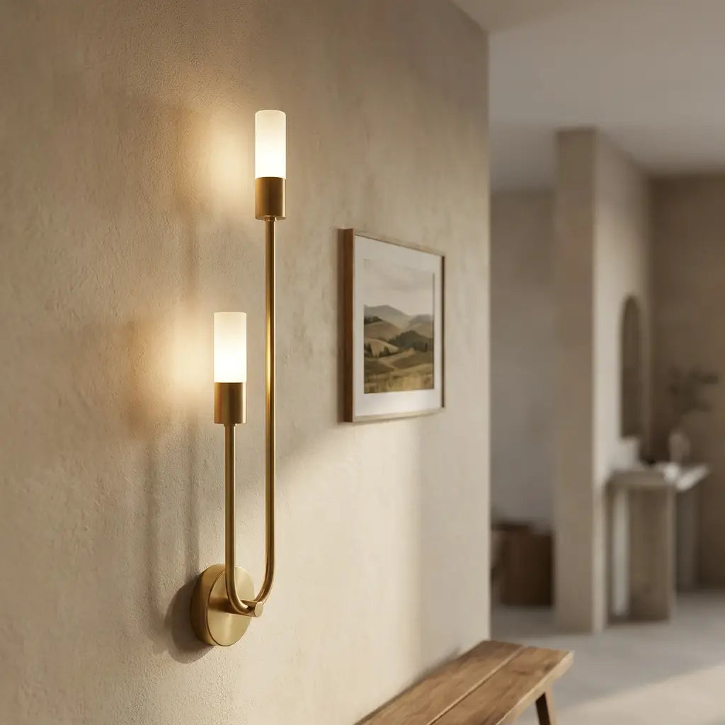 Nordic luxe black-and-gold wall sconce — in modern entryway hallway