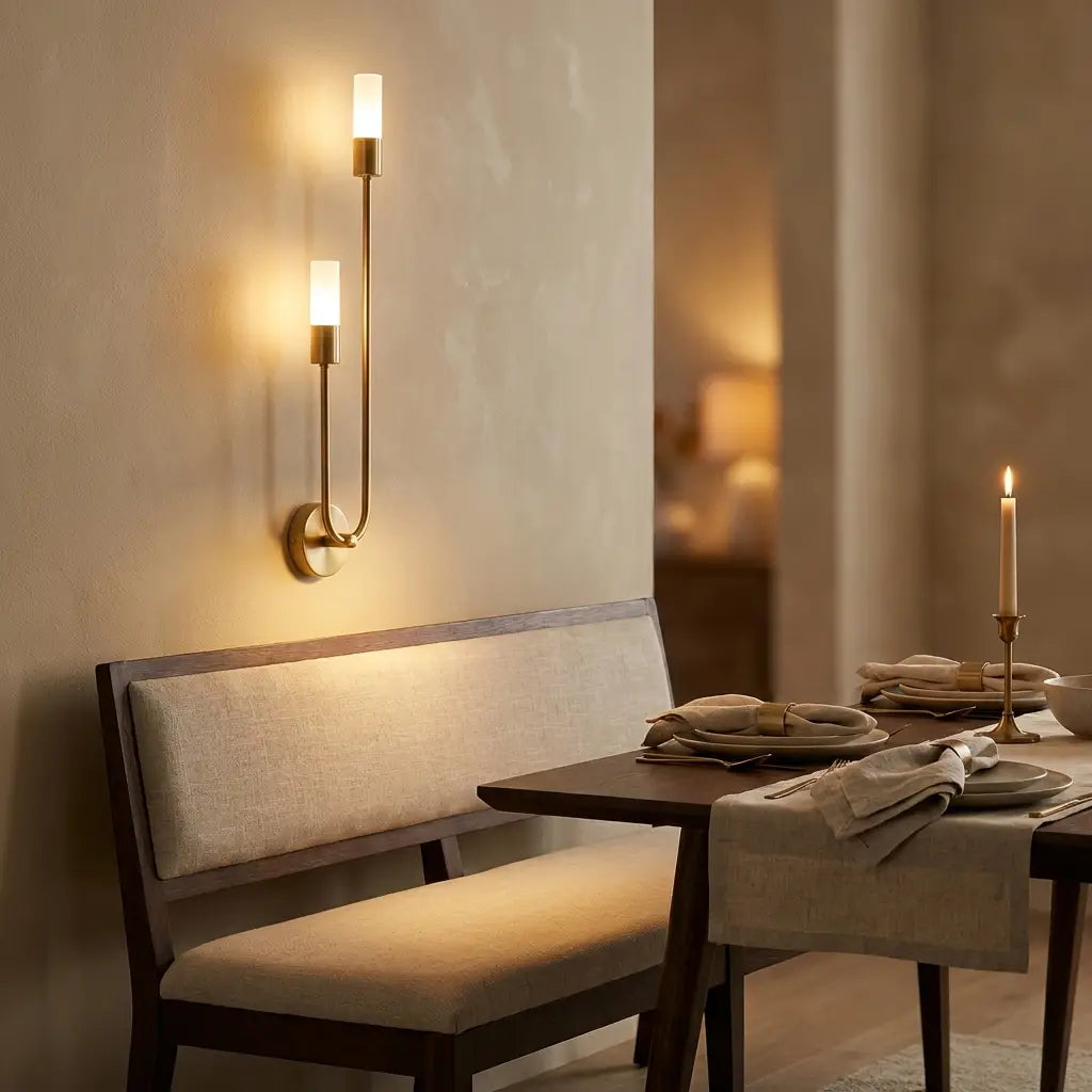 Nordic luxe black-and-gold wall sconce — above dining bench in warm ambience