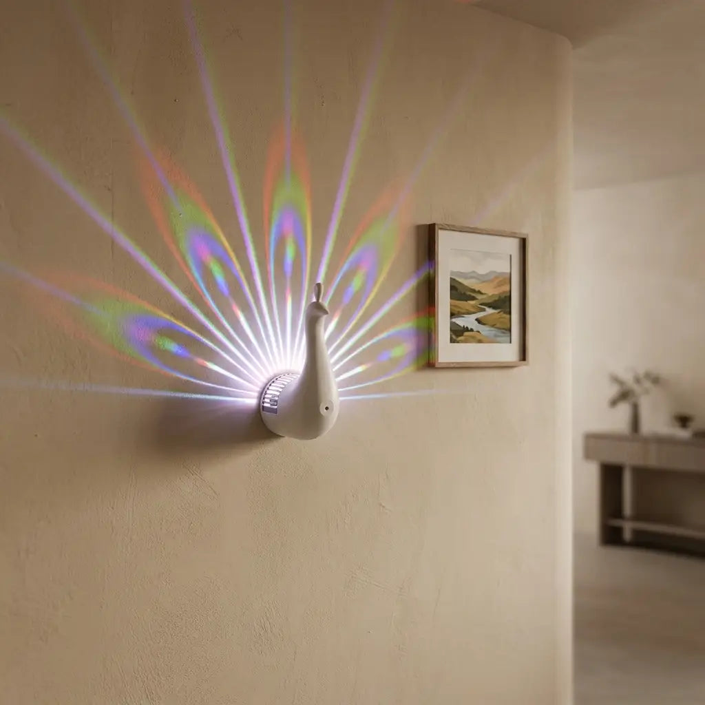 3D peacock wall sconce — in modern entryway hallway