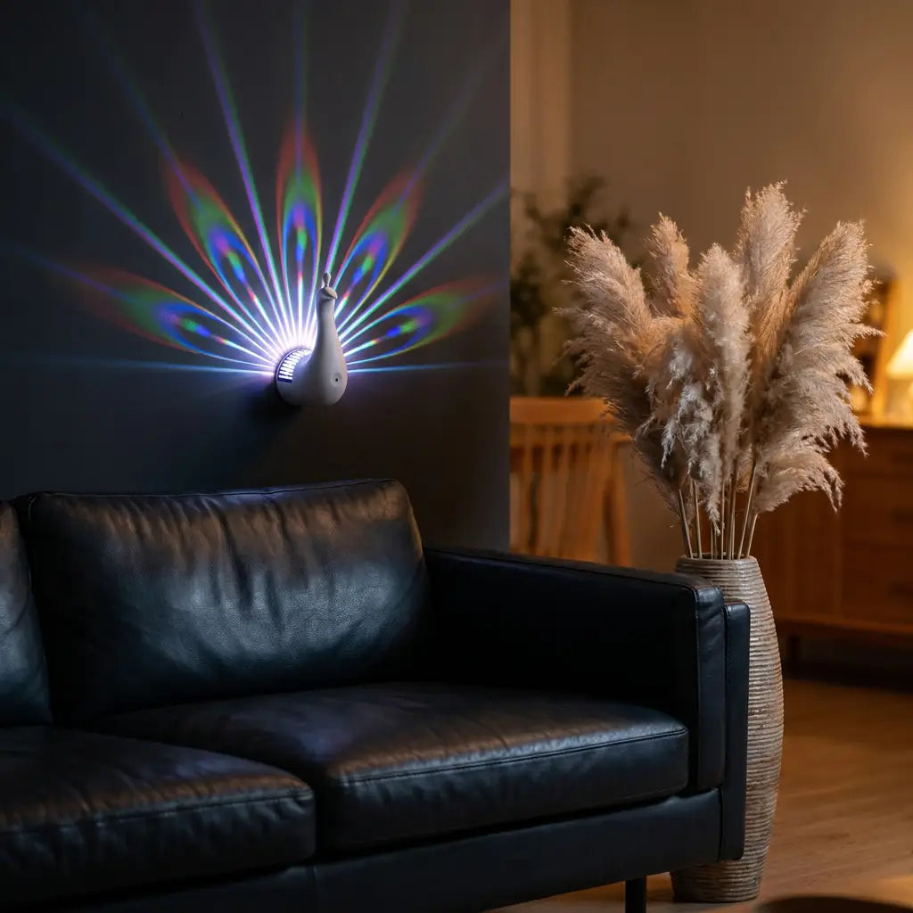3D peacock wall sconce — above leather sofa as living-room accent
