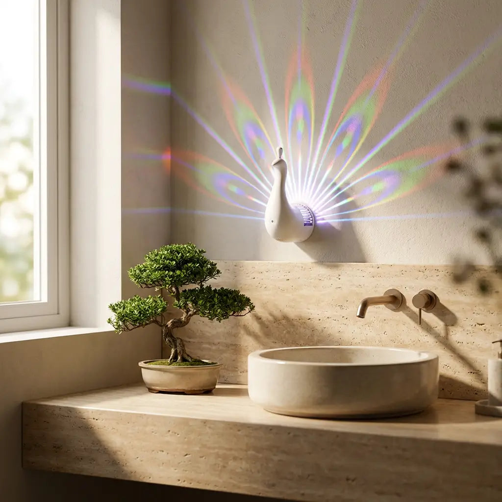 3D peacock wall sconce — above travertine bathroom vanity