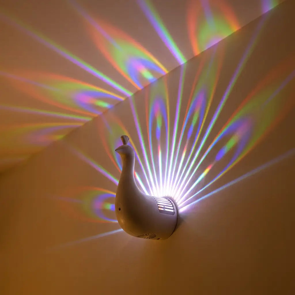 3D peacock wall sconce — dramatic low-angle hero shot