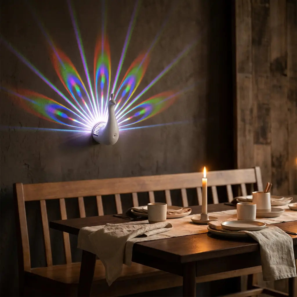 3D peacock wall sconce — above dining bench in warm ambience