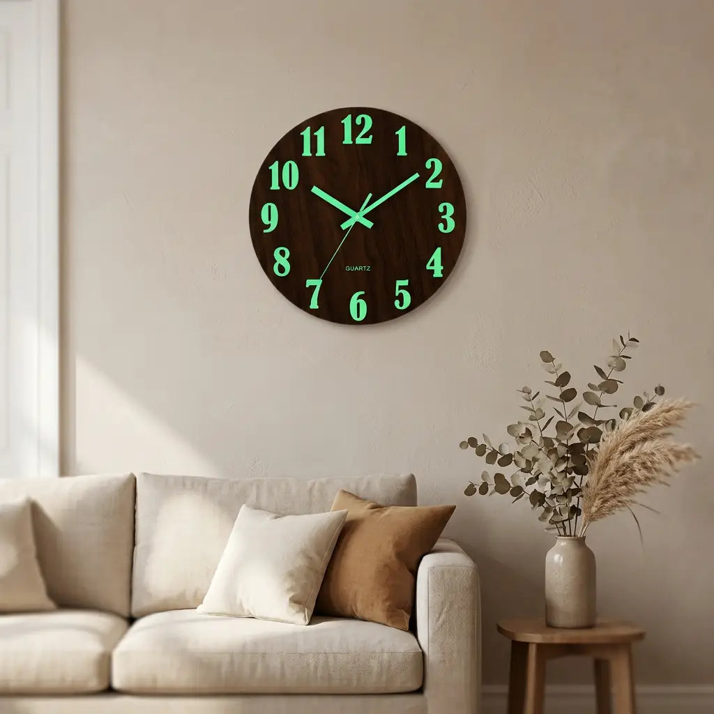 12-inch Nordic wood wall clock — on plaster gallery wall above linen sofa