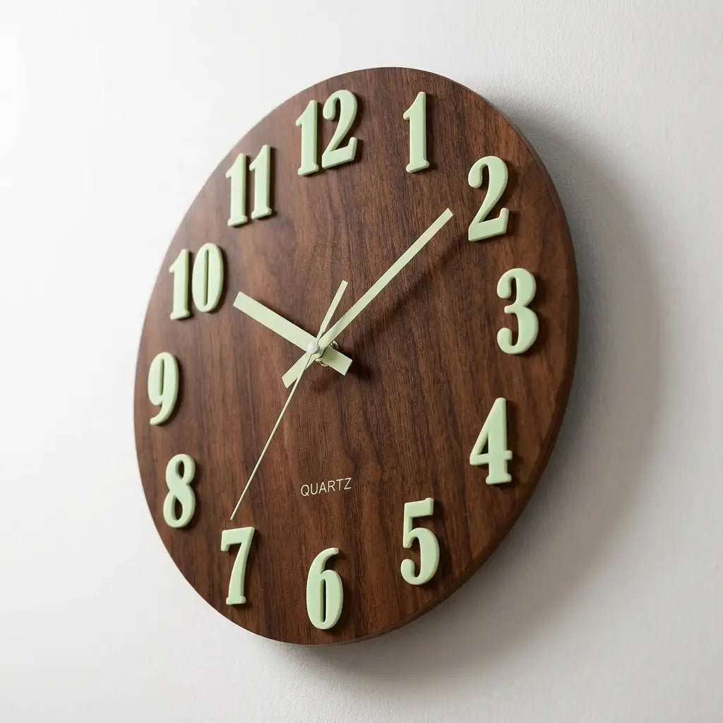 12-inch Nordic wood wall clock — dramatic low-angle hero shot