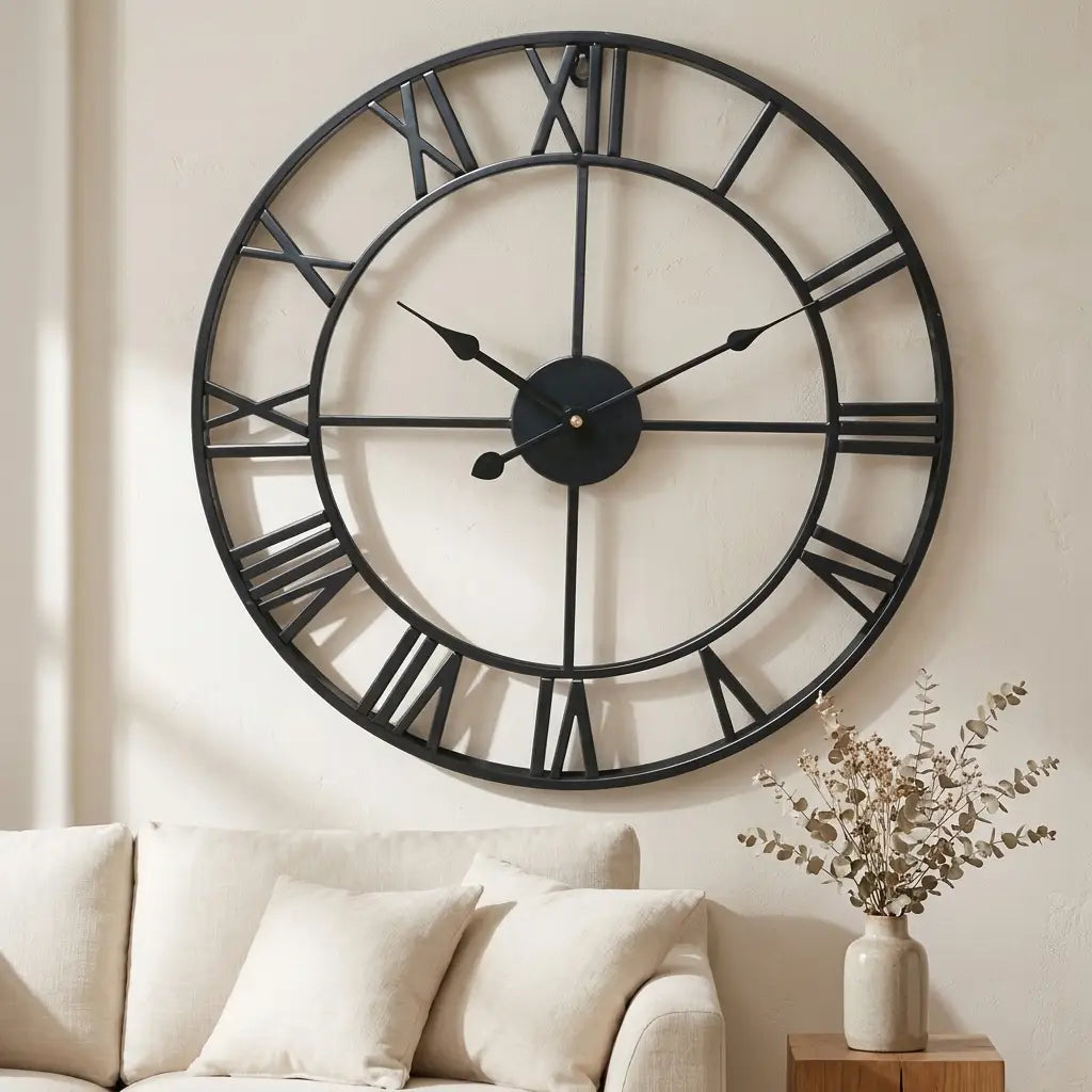 3D Roman numeral metal wall clock — on plaster gallery wall above linen sofa