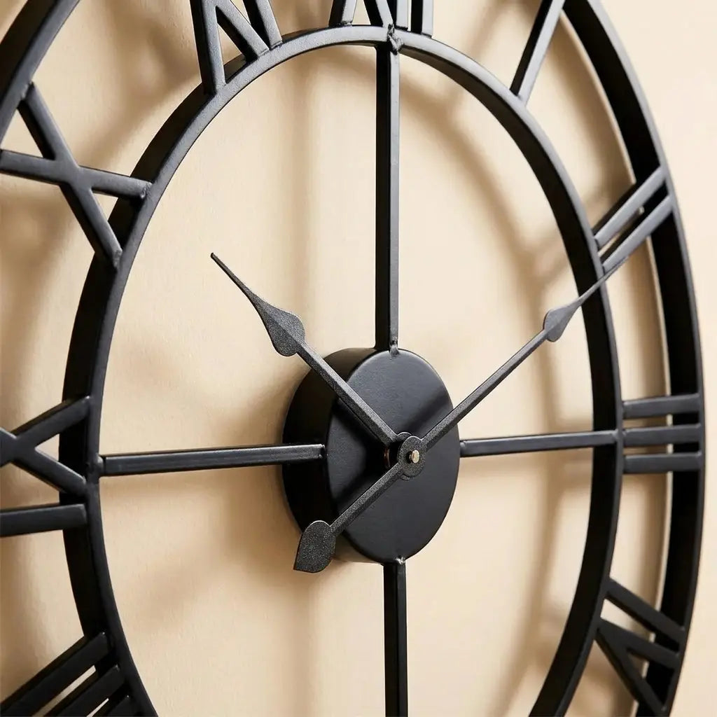 3D Roman numeral metal wall clock — material and form close-up