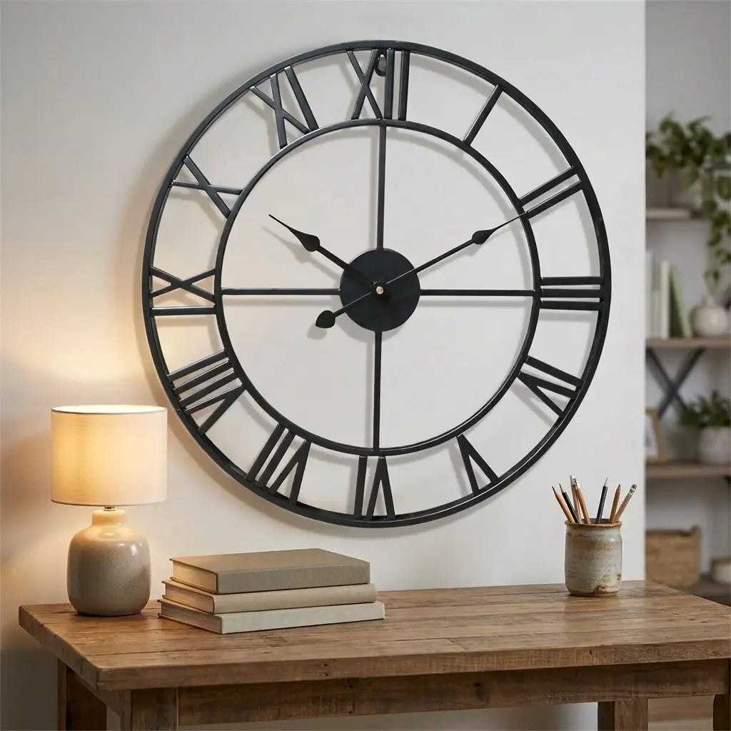3D Roman numeral metal wall clock — in calm home office above wooden desk