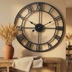 3D Roman numeral metal wall clock — above dining sideboard
