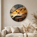 2D flat round Nordic wood wall clock — on plaster gallery wall above linen sofa