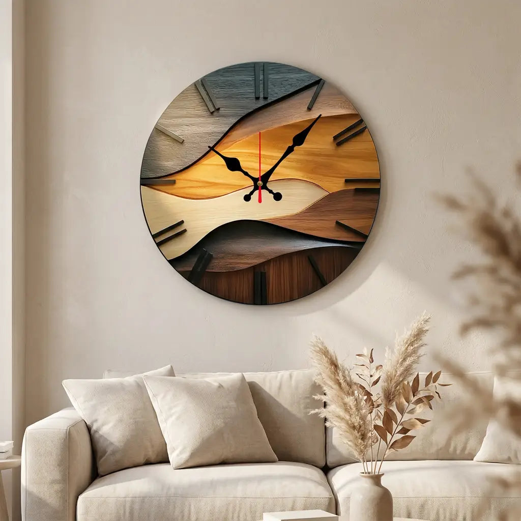 2D flat round Nordic wood wall clock — on plaster gallery wall above linen sofa