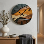 2D flat round Nordic wood wall clock — in modern entryway above console table