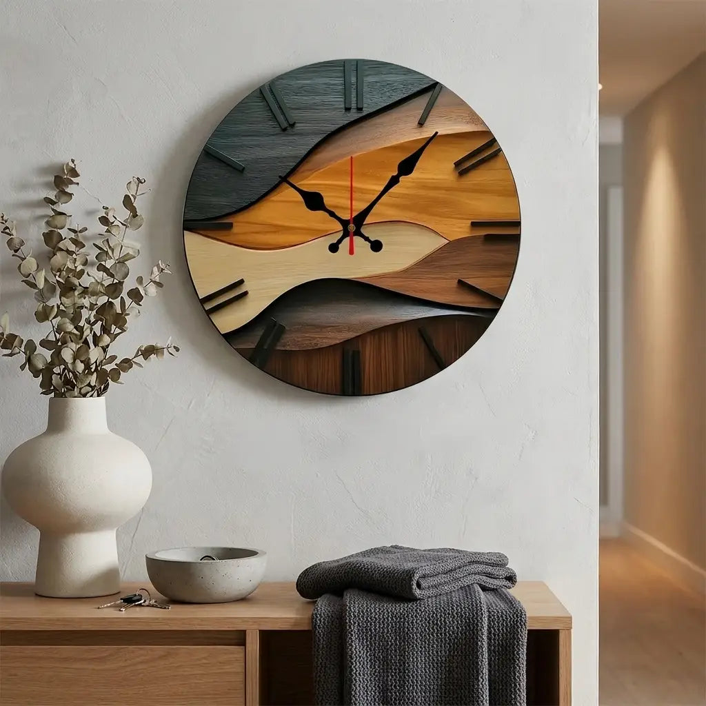 2D flat round Nordic wood wall clock — in modern entryway above console table