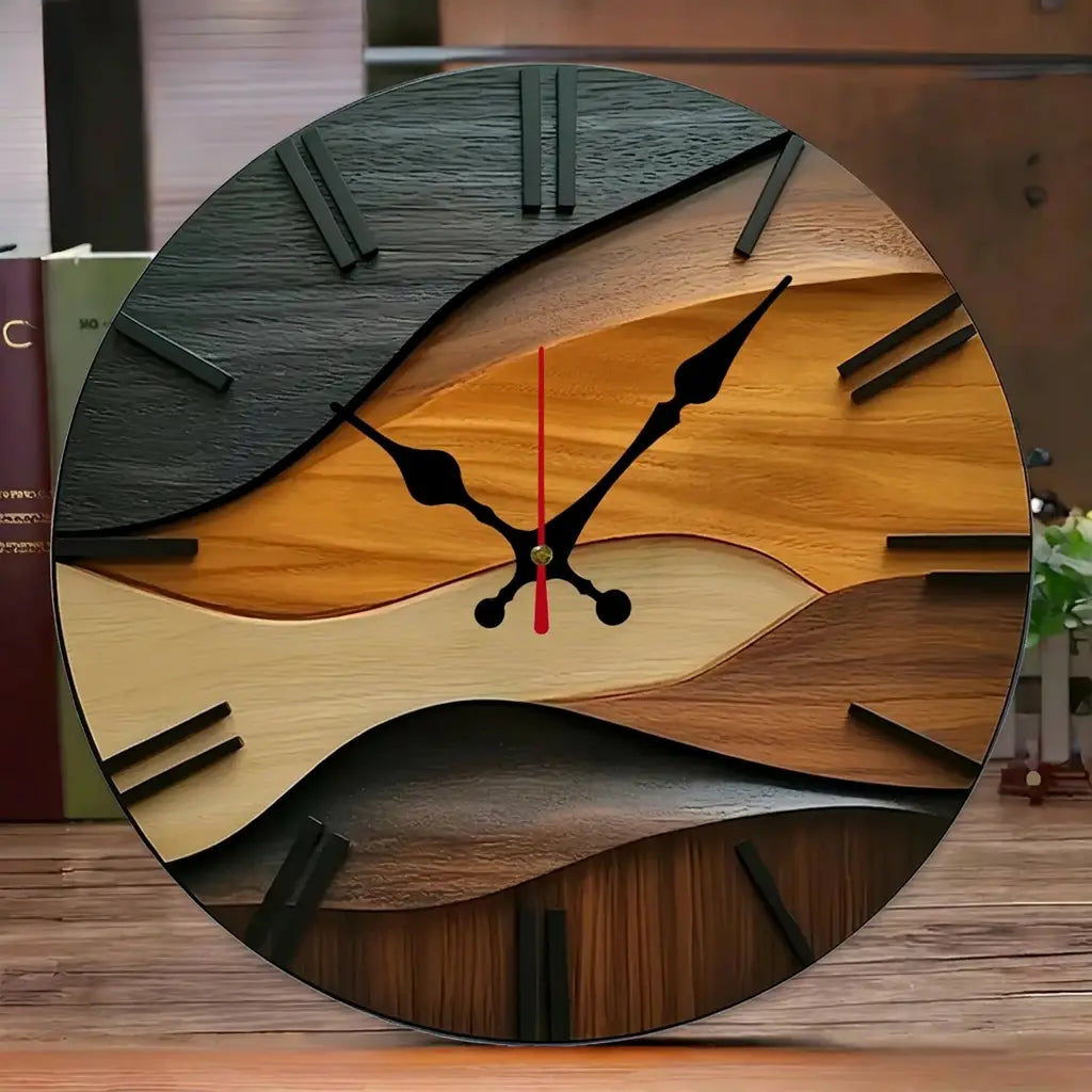 2D flat round Nordic wood wall clock — material and form close-up