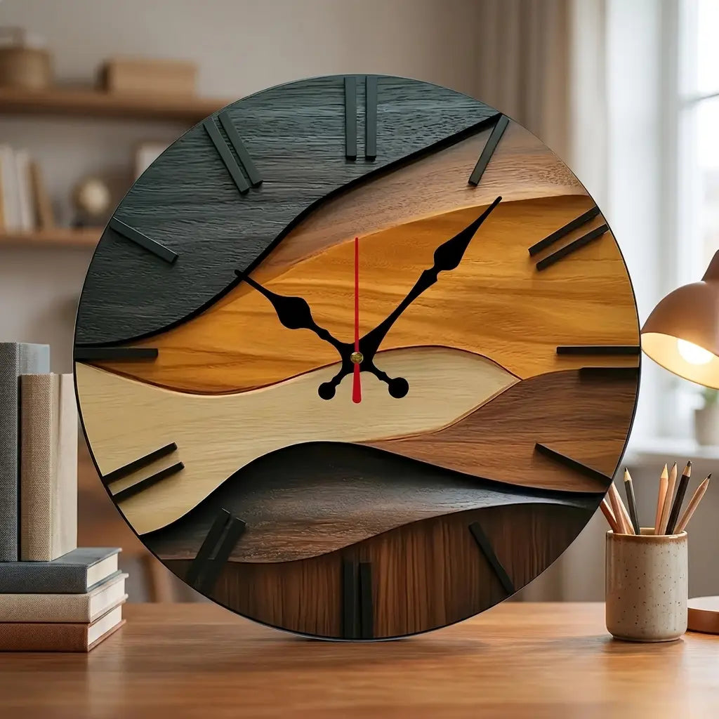 2D flat round Nordic wood wall clock — in calm home office above wooden desk