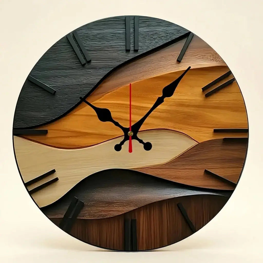 2D flat round Nordic wood wall clock — on warm cream studio backdrop