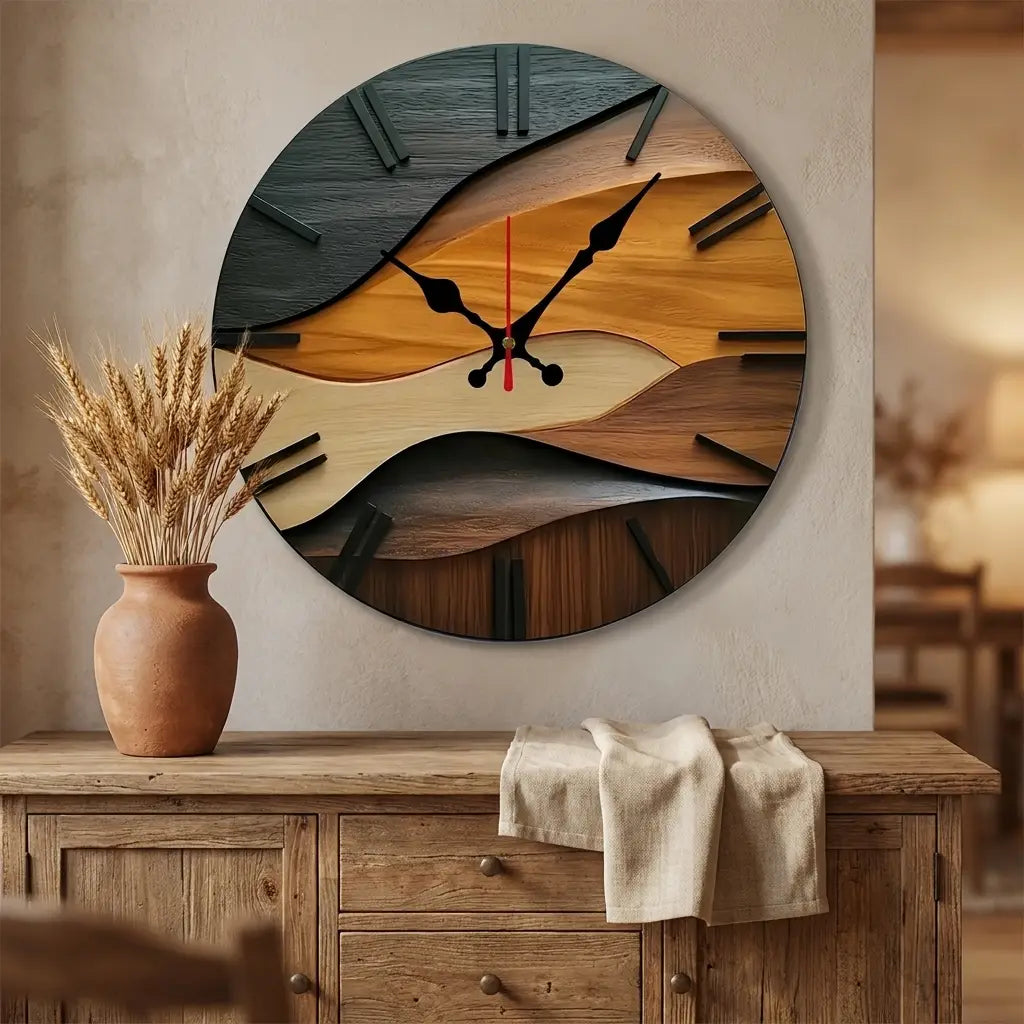 2D flat round Nordic wood wall clock — above dining sideboard