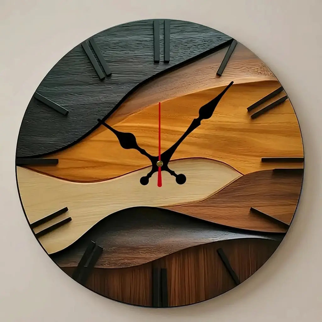 2D flat round Nordic wood wall clock — dramatic low-angle hero shot