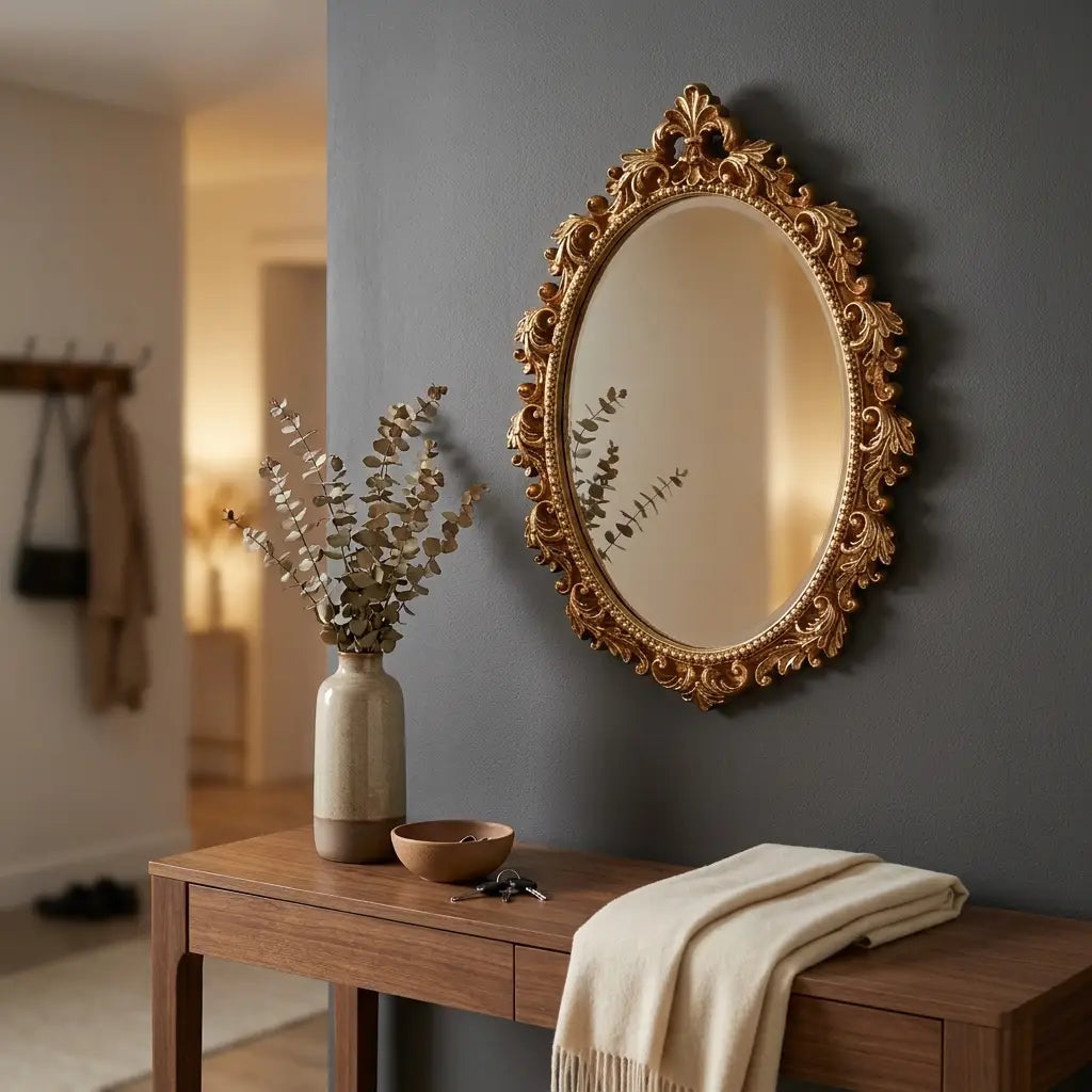 Gold oval vintage hanging wall mirror — in modern entryway above console table