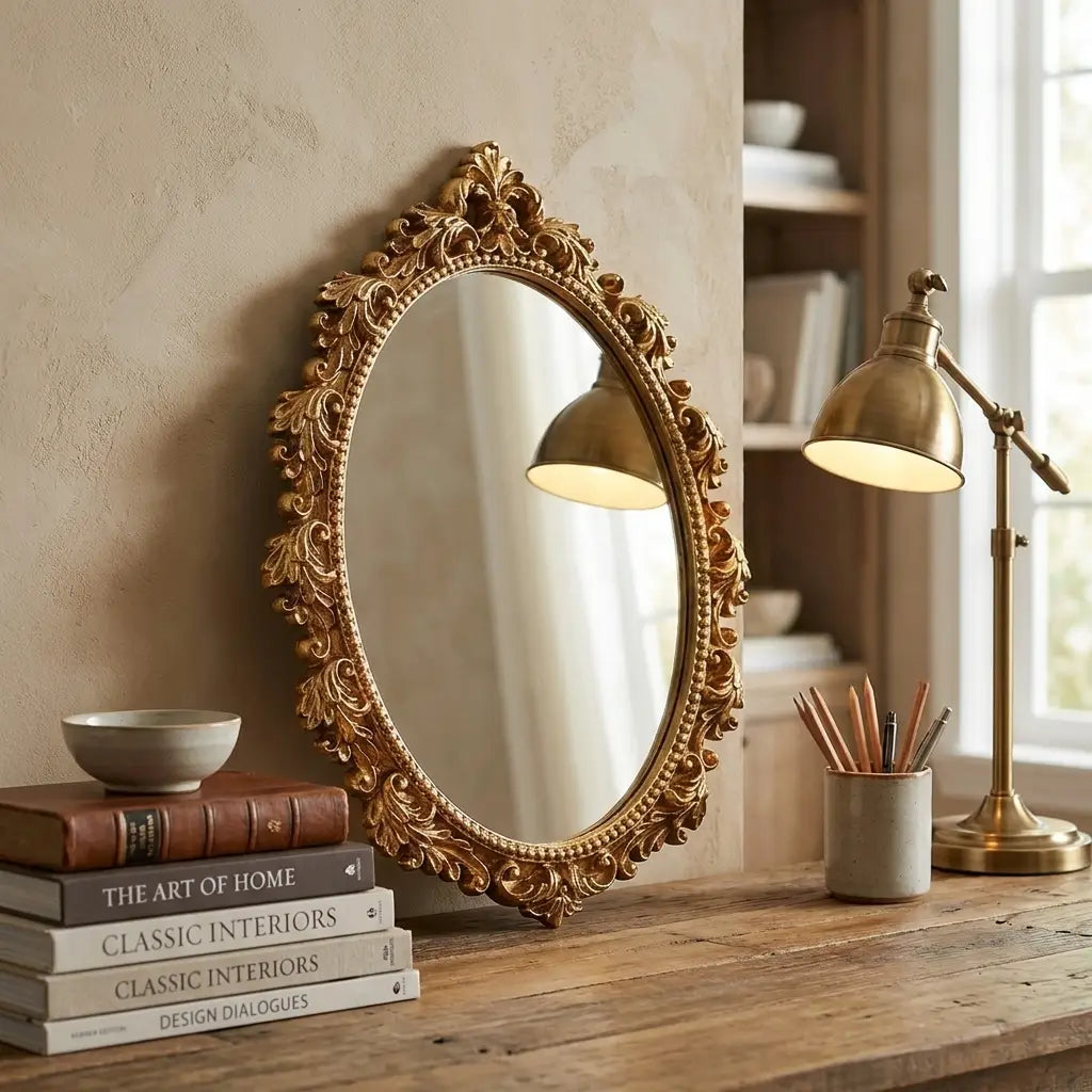 Gold oval vintage hanging wall mirror — in calm home office above wooden desk