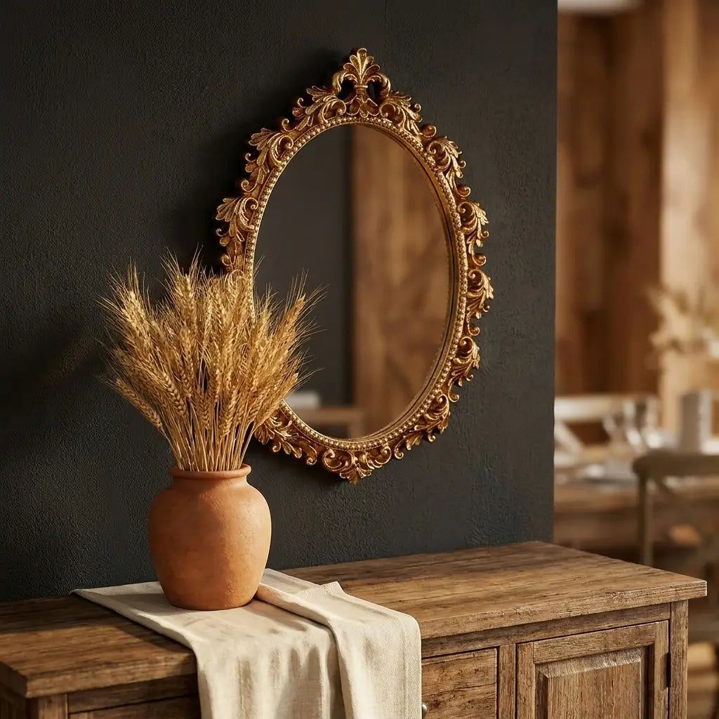 Gold oval vintage hanging wall mirror — above dining sideboard