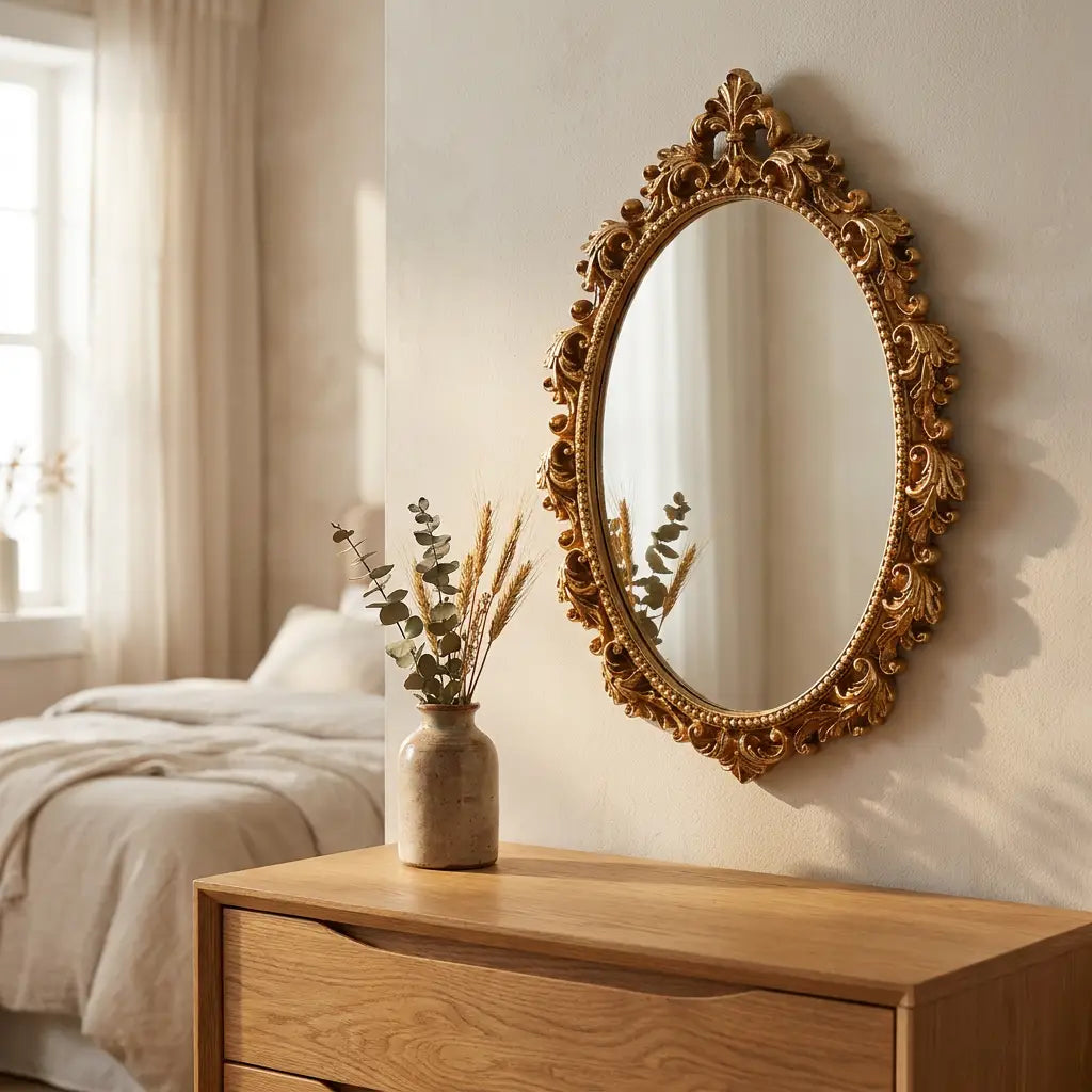 Gold oval vintage hanging wall mirror — bedroom
