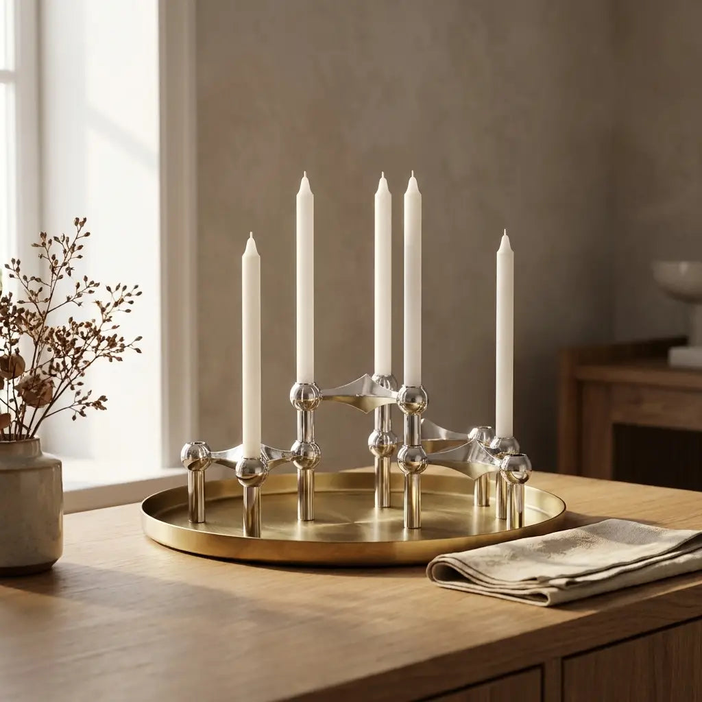 Molecular Structure Candelabra — on oak entryway console