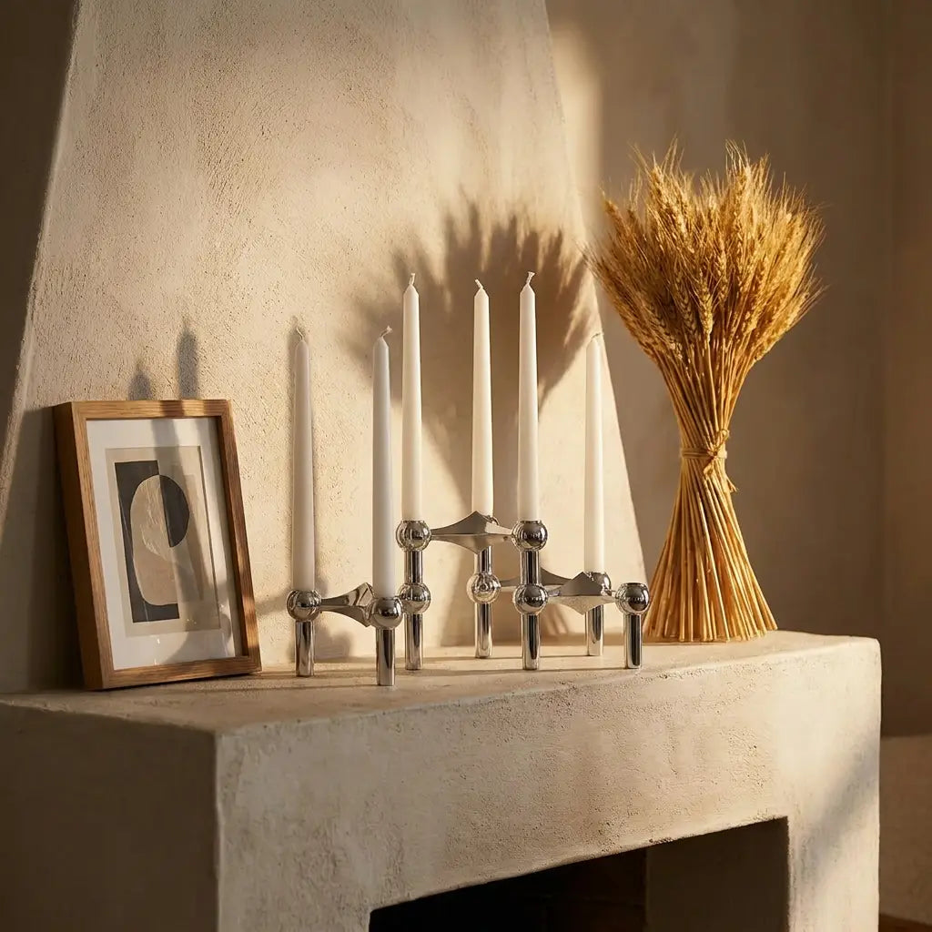 Molecular Structure Candelabra — on plaster fireplace mantel