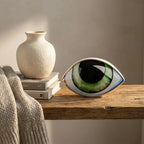 Nordic ceramic abstract evil-eye ornament sculpture — styled on wooden shelf