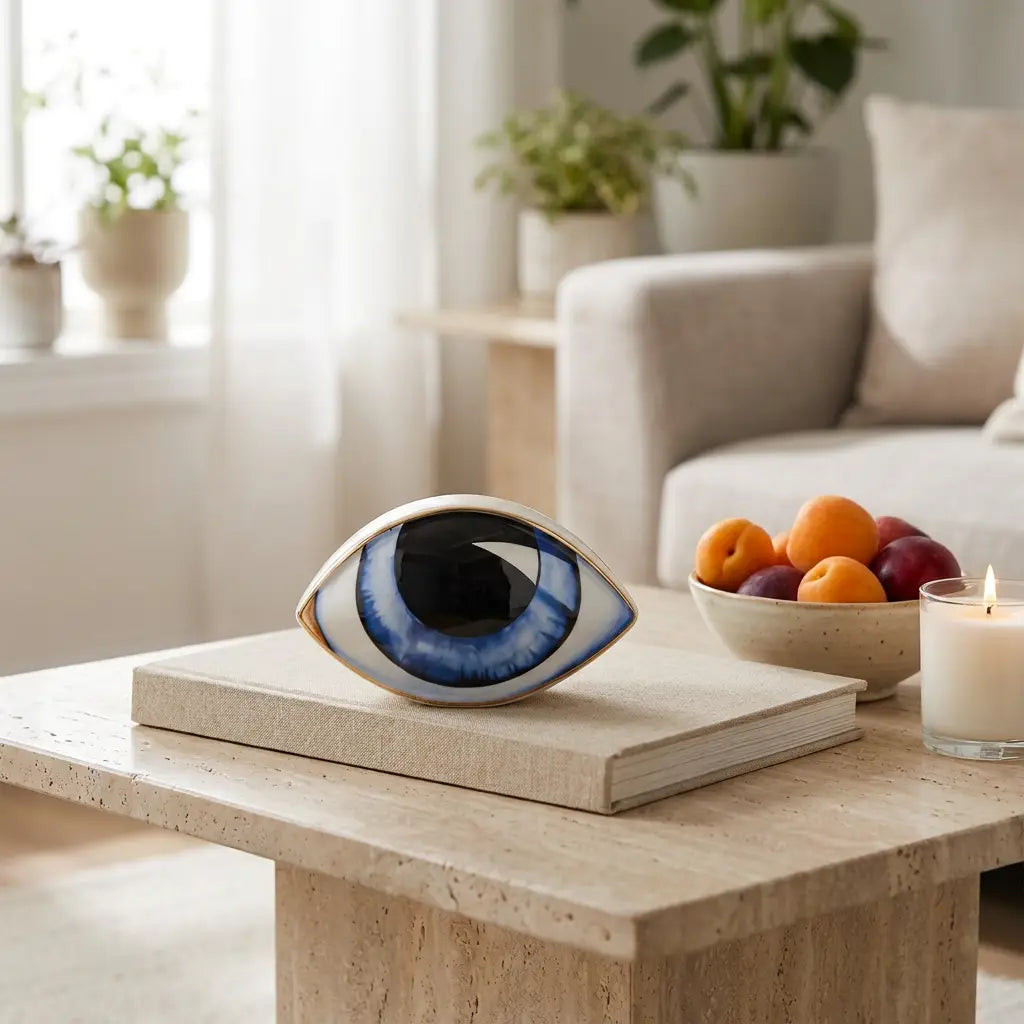 Nordic ceramic abstract evil-eye ornament sculpture — on travertine coffee table