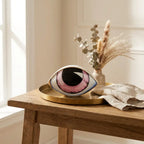 Nordic ceramic abstract evil-eye ornament sculpture — on oak entryway console