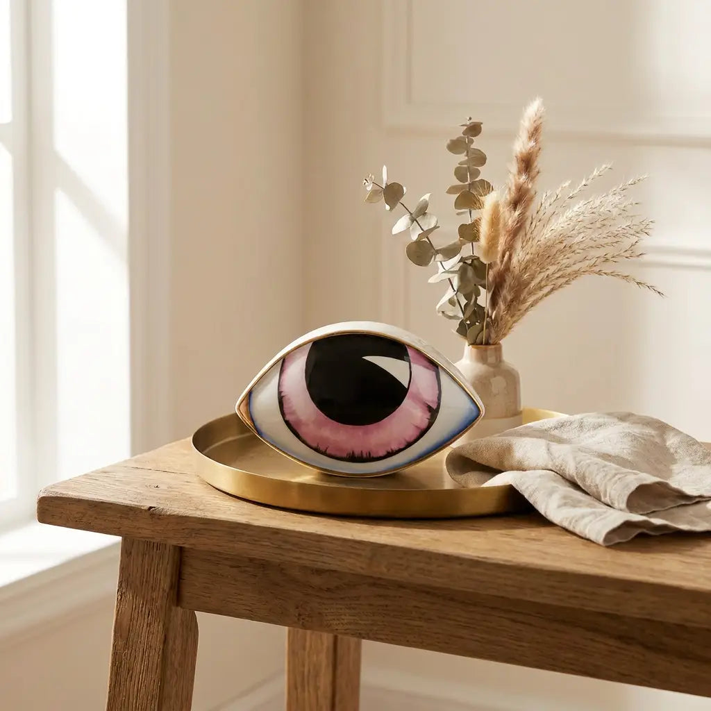 Nordic ceramic abstract evil-eye ornament sculpture — on oak entryway console
