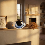 Nordic ceramic abstract evil-eye ornament sculpture — on plaster fireplace mantel