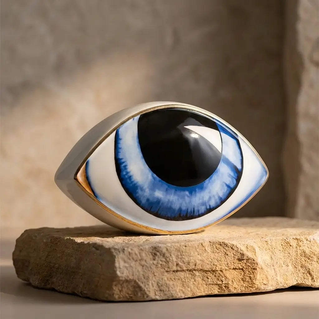 Nordic ceramic abstract evil-eye ornament sculpture — dramatic low-angle hero shot