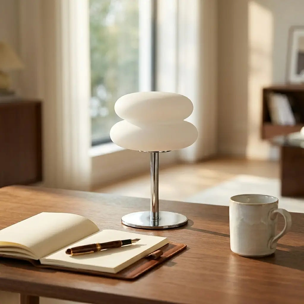 Cream-style bedside table lamp — on minimal walnut desk