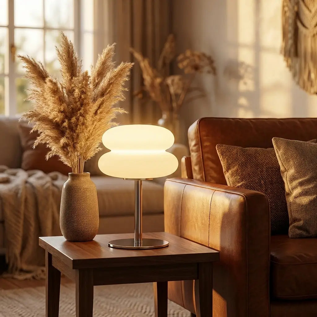 Cream-style bedside table lamp — on side table evening living room