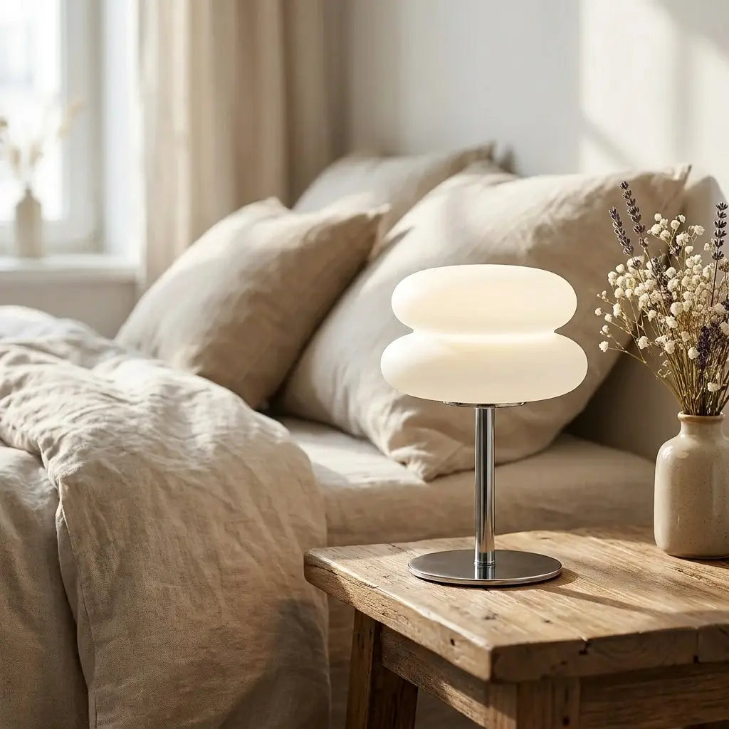 Cream-style bedside table lamp — on bedroom nightstand morning light