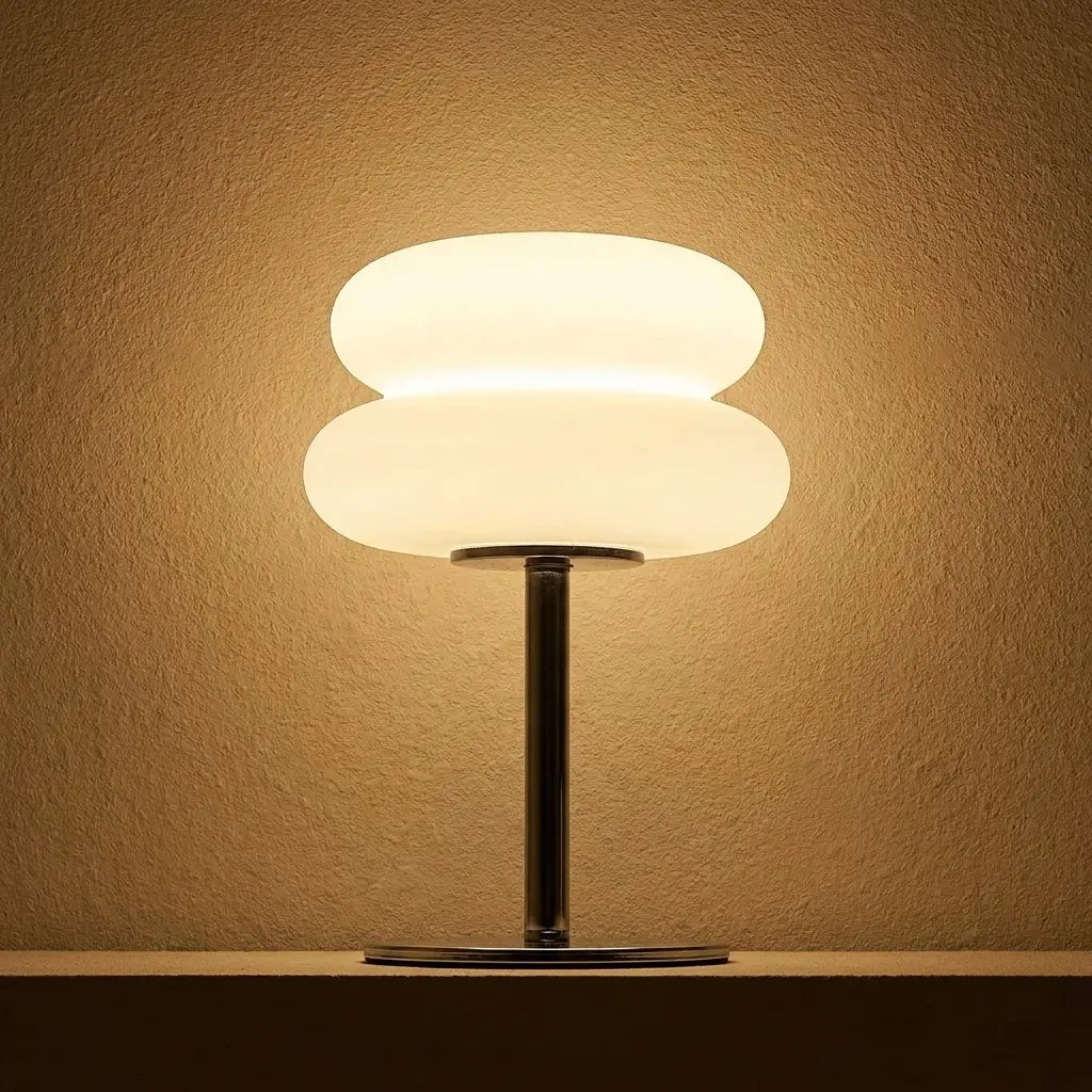 Cream-style bedside table lamp — dramatic low-angle hero shot