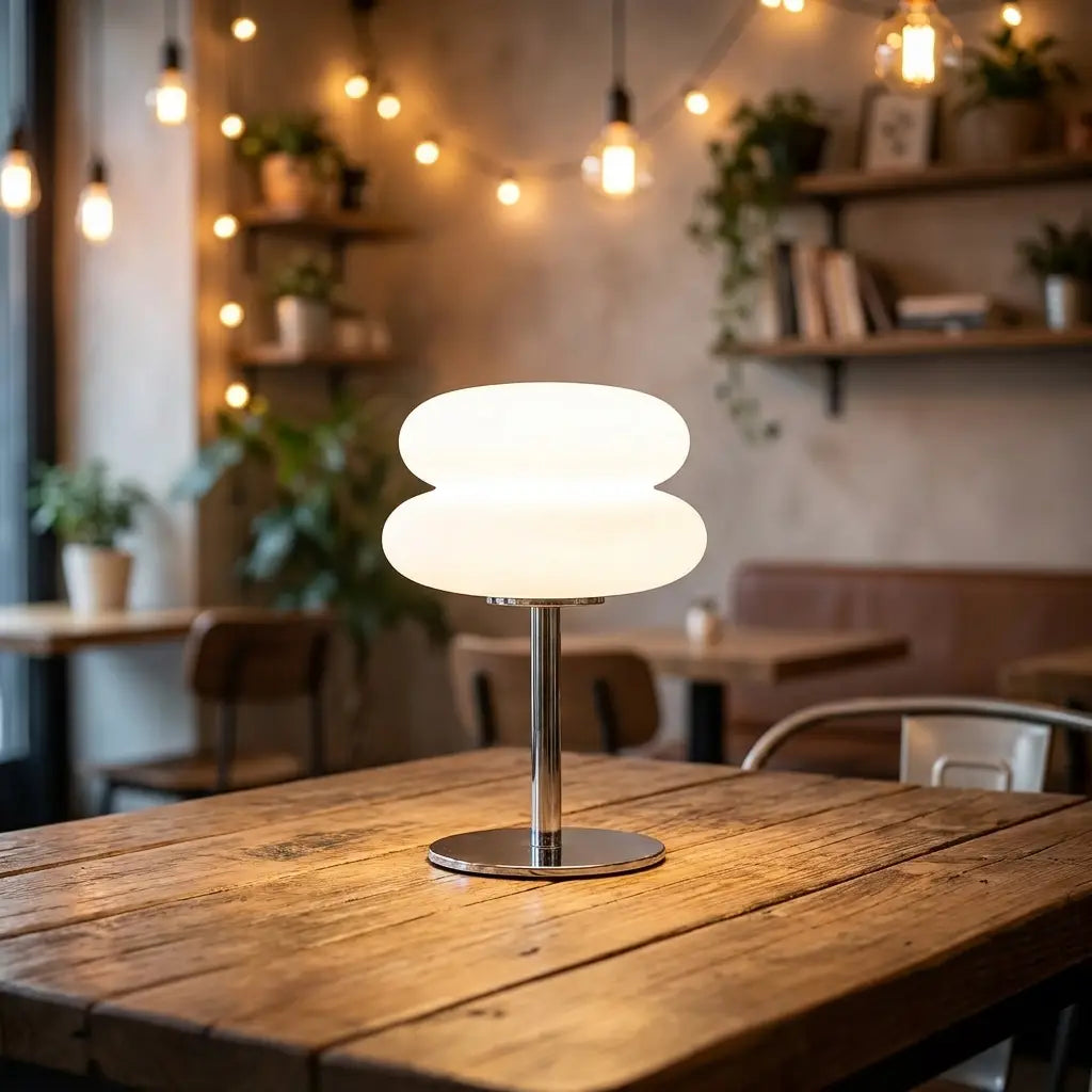 Cream-style bedside table lamp — in a cozy cafe corner ambient light