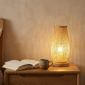Japanese bamboo bedside table lamp — on solid oak nightstand