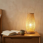 Japanese bamboo bedside table lamp — on solid oak nightstand