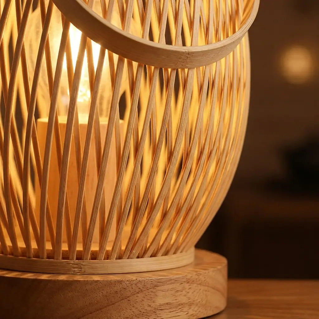 Japanese bamboo bedside table lamp — on minimal walnut desk