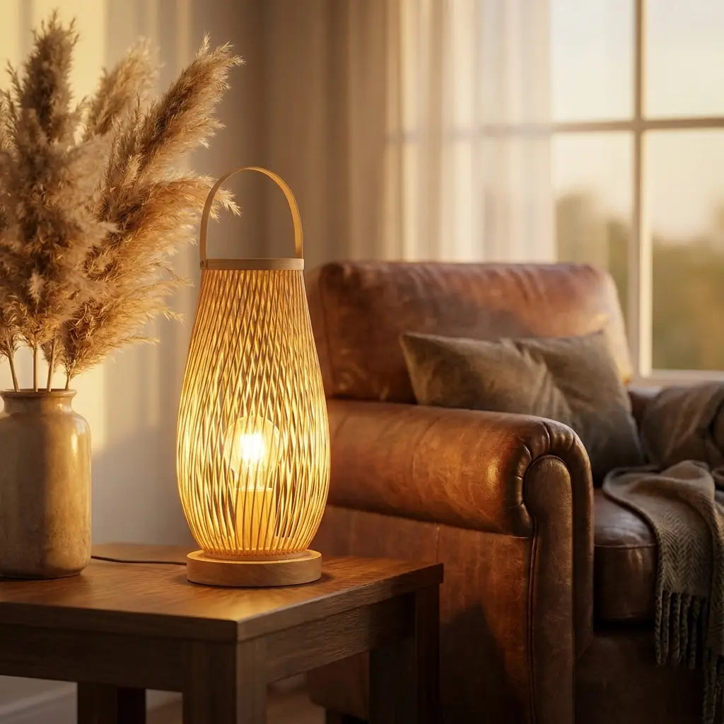 Japanese bamboo bedside table lamp — material and form close-up