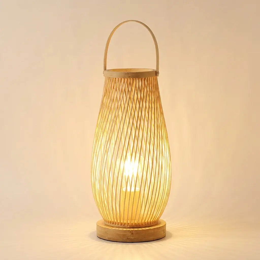 Japanese bamboo bedside table lamp — on warm cream studio backdrop