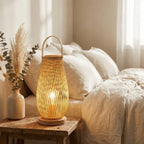 Japanese bamboo bedside table lamp — on bedroom nightstand morning light